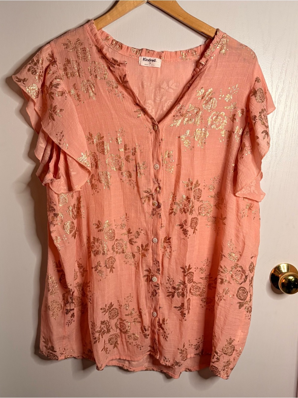 Kindred 3X Gold Floral Crinkle Chiffon V-Neck Flutter Sleeve Button Blouse Boho